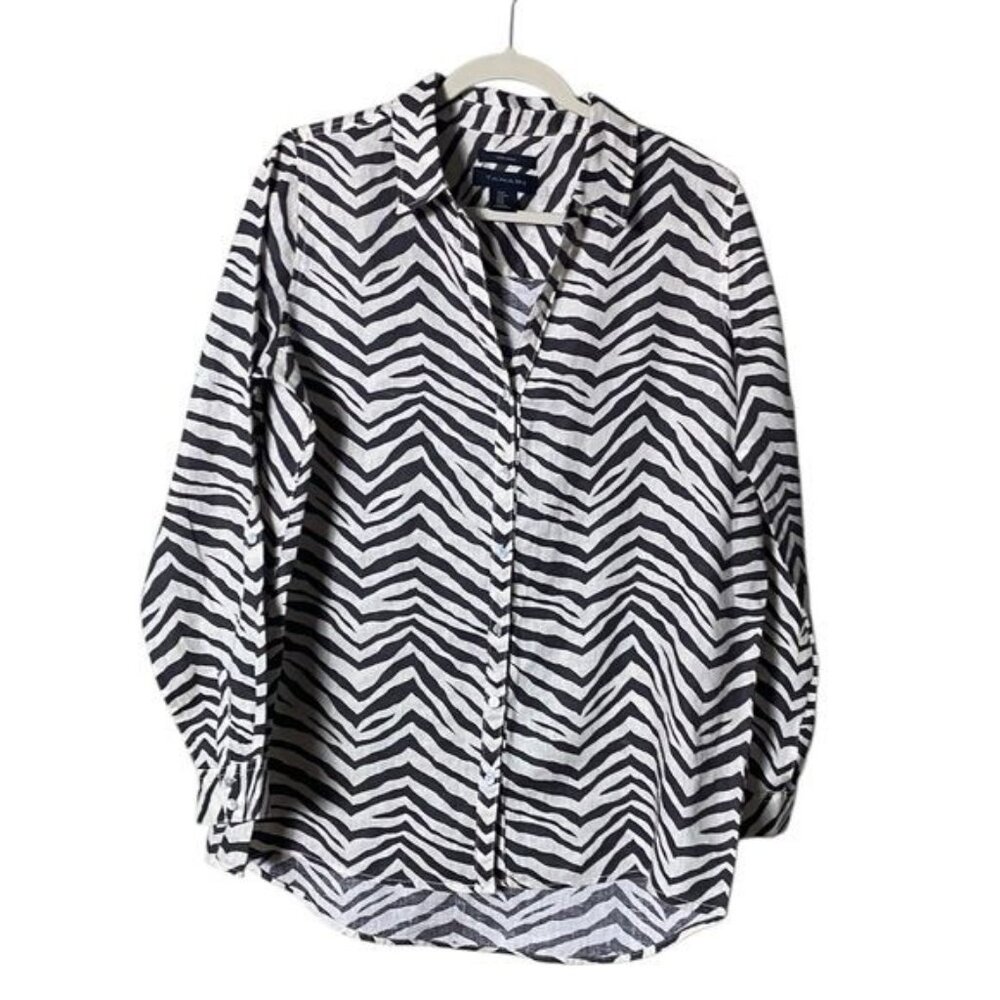 Tahari Linen Button Up Blouse Size Medium Oversized Lagom Animal Print Zebra